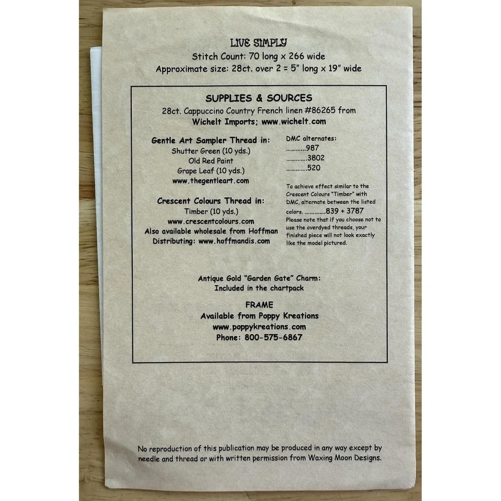 Live Simply, Simply Live Waxing‎ Moon cross stitch pattern Chart w Charm